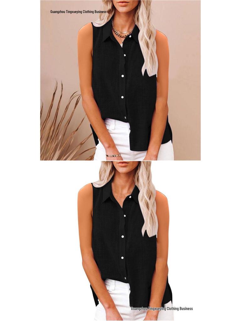 Sommer ärmelloses Revers Baumwolle Leinen Damenhemd
