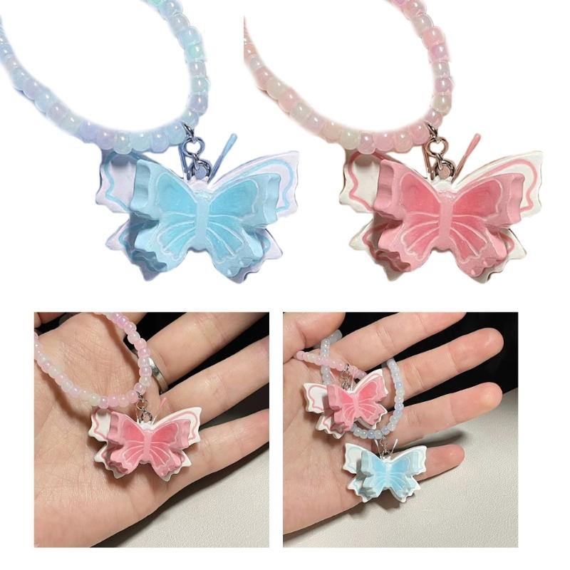 Fashion Resin Beaded Choker Sweet Butterfly Pendant Necklace Simple Collar Necklace Elegant Clavicle Chain Jewelry