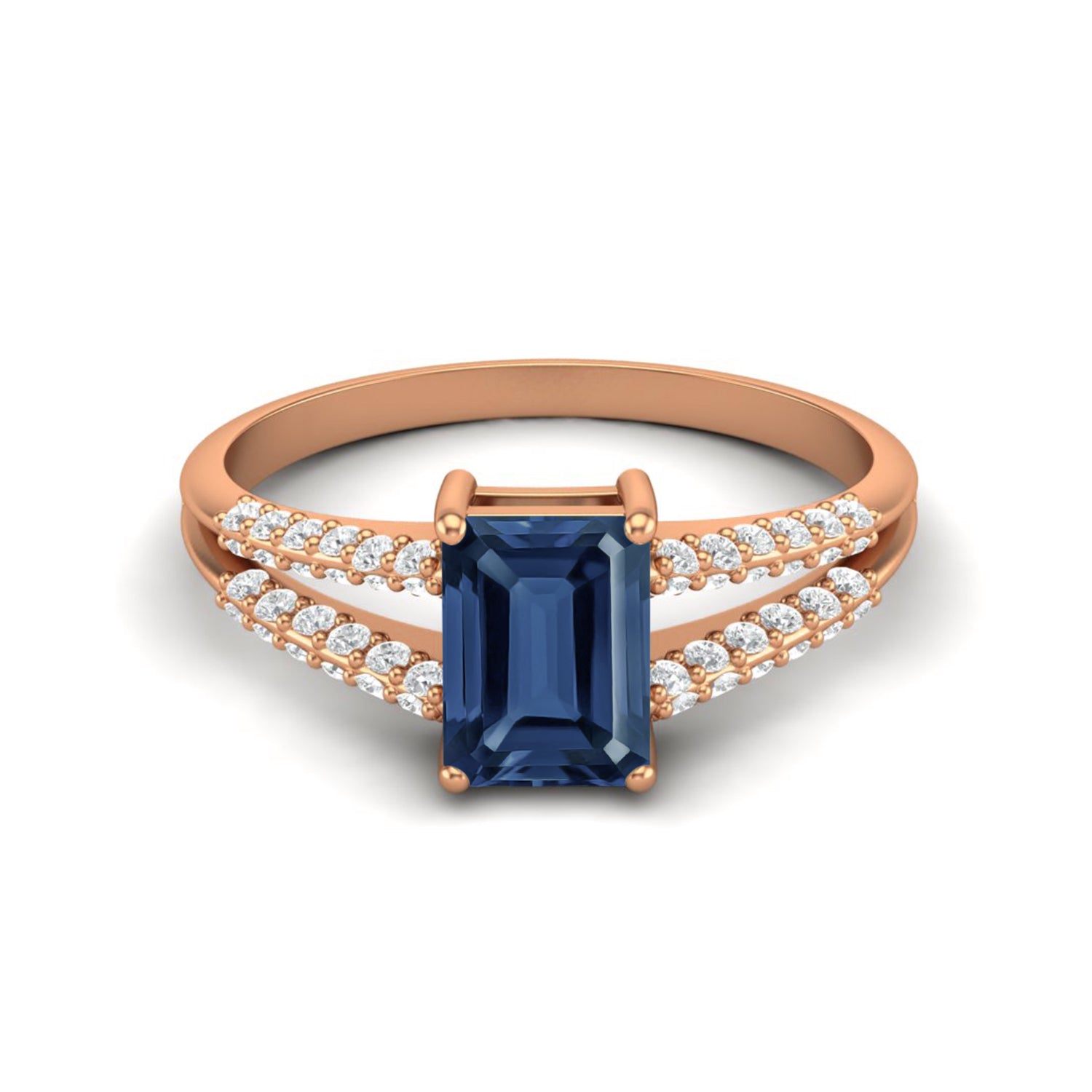 

7X5MM Octagon Blue Sapphire Gemstone 925 Sterling Silver Rose Plated Solitaire Split Shank Women Wedding Ring 11.5 Яскраво-рожевий