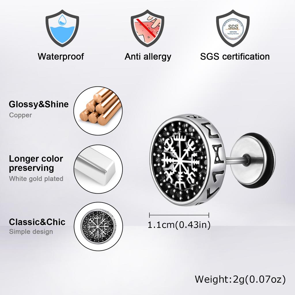Vnox Viking Compass Zircon Stud Earrings, Copper Metal White Gold Plated Spiral Ear Post, Simple Jewelry Gift for Men Boys Him