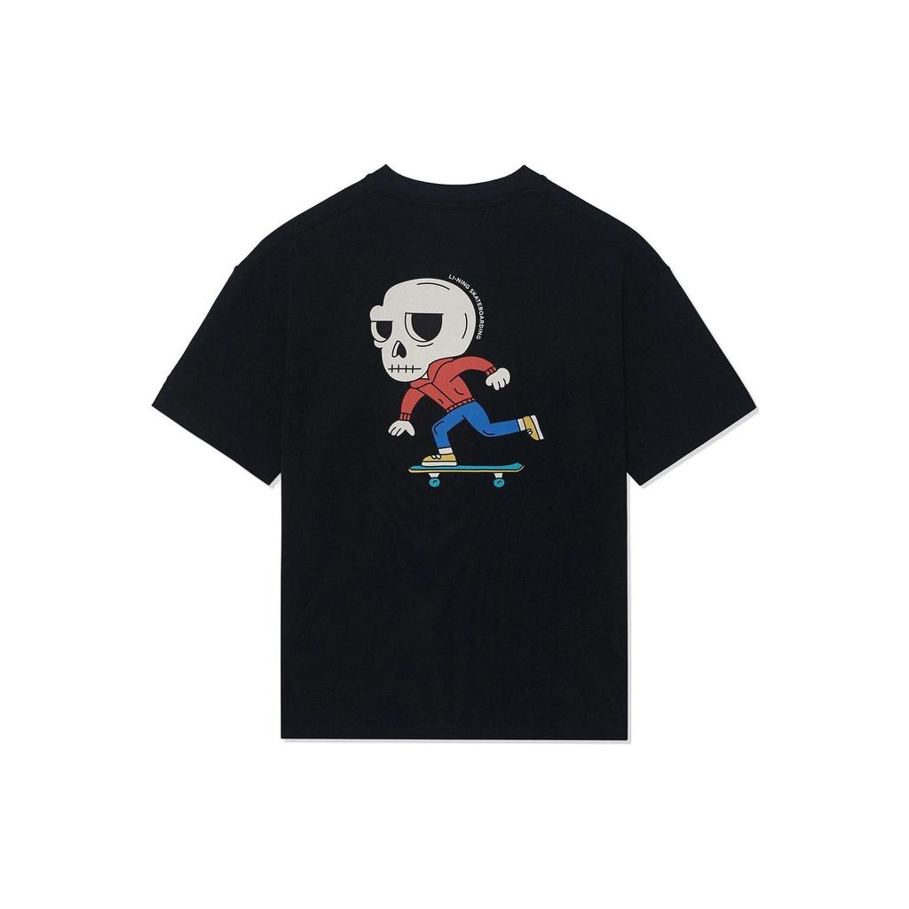 Li Ning X Pablo Ientile Collaboration Skateboard Series Cartoon Skeleton Print Loose Short Sleeve T-Shirt Unisex Tops Black AHSS863-3