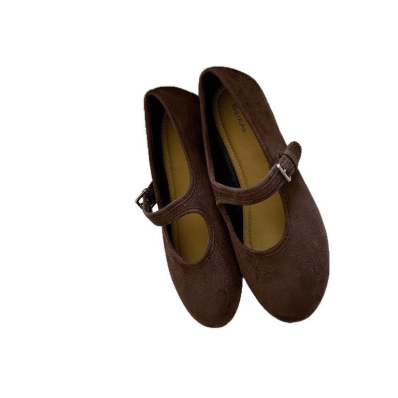 Round head light mouth shoes suede ballet single shoes early spring buckle belt Mary Jane flats ladyshoes