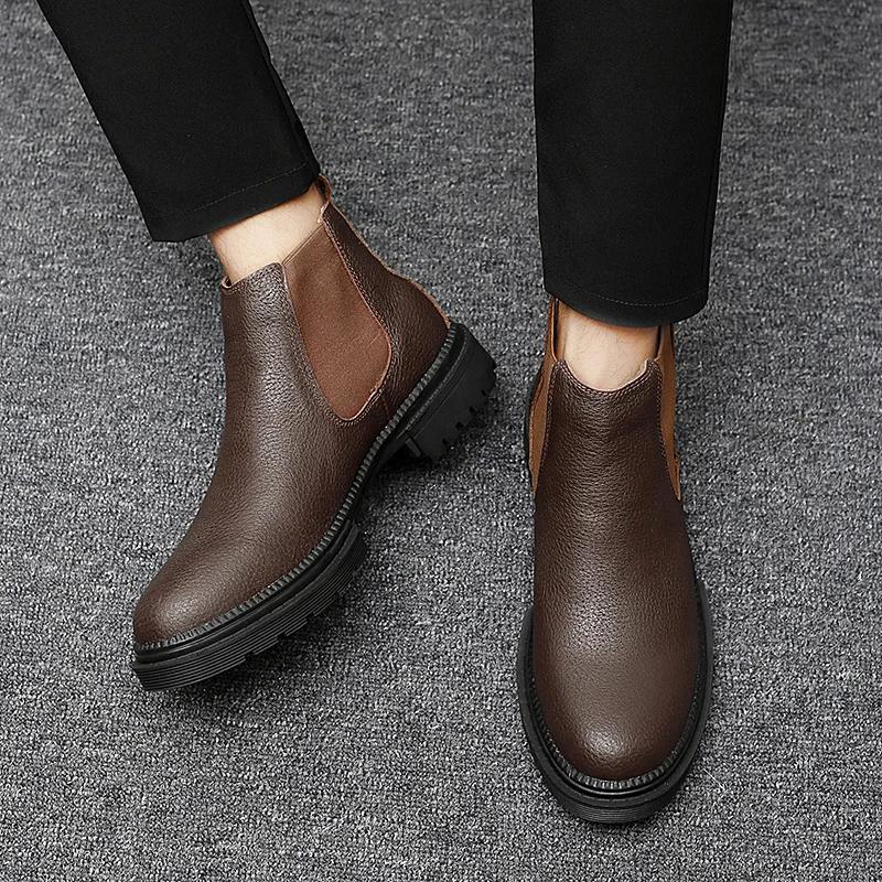 Chelsea Boots Men outdoor Handmade Business Black Red Slip on Flock genuine leather Boots Sapato Masculino plush Men snow Boots