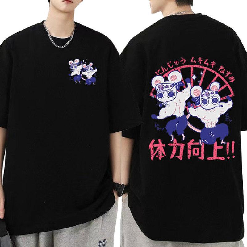 Anime Demon Slayer Uzui Tengen Print T-shirts Unisex Funny Ninja Mice Muki Muki Gym T Shirt Muscular Mouse UNSEIX Oversized TOP