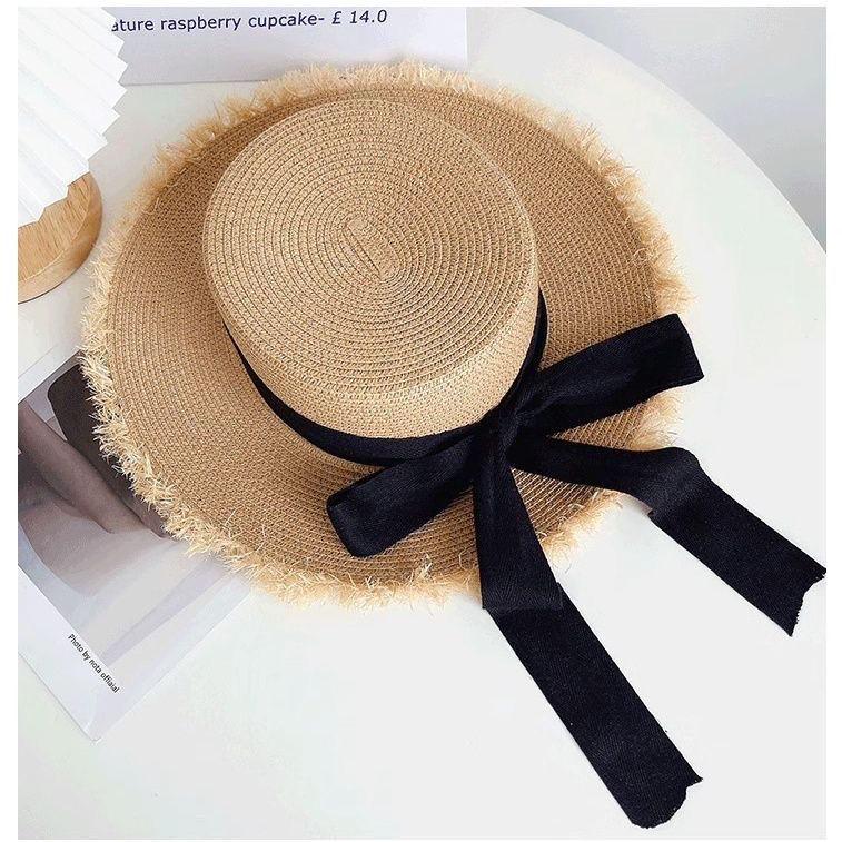 Flat Top Burr Straw Hat Women's Summer Seaside Vacation Beach Sunshade Sunscreen Hat Bow Big Brim Sun Hat