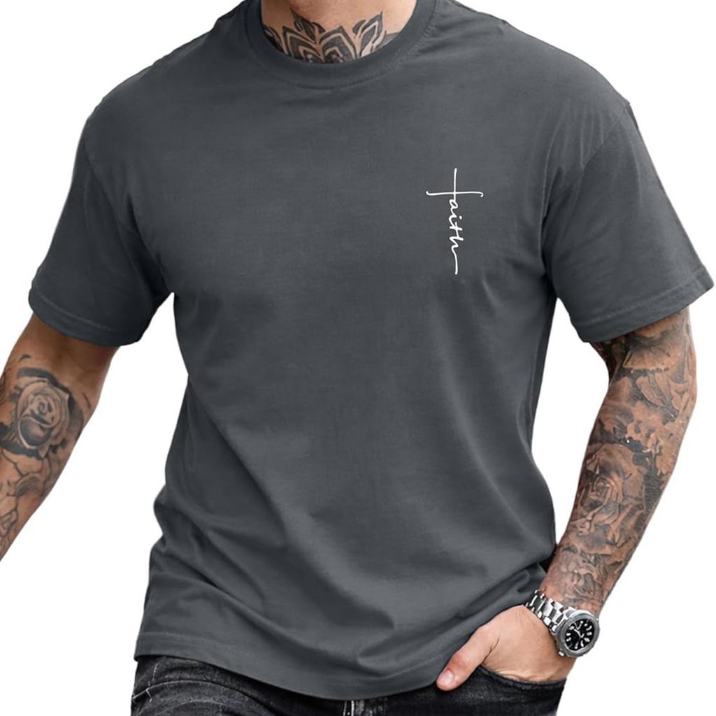 T-shirt Casual Manches Courtes Col Rond Minimaliste Homme Imprimé Lettre Manuscrite Croix de Foi