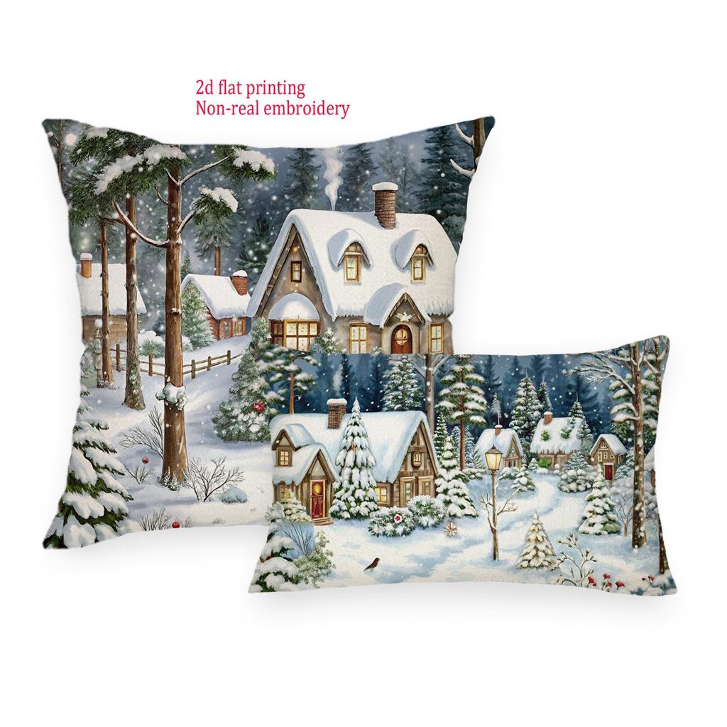 Christmas Snowy Village Pillowcase: 2D Flat Printed For Festive Charm! Sofa Cushion Cover, New Year Home Decoration