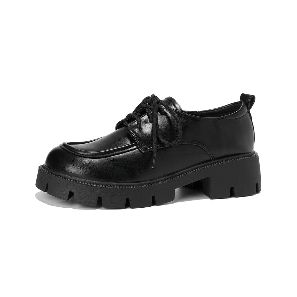 Thick-soled Small Leather Shoes Women's Round Toe Lace-up Black Block Heel Soft-soled Single Shoes Women