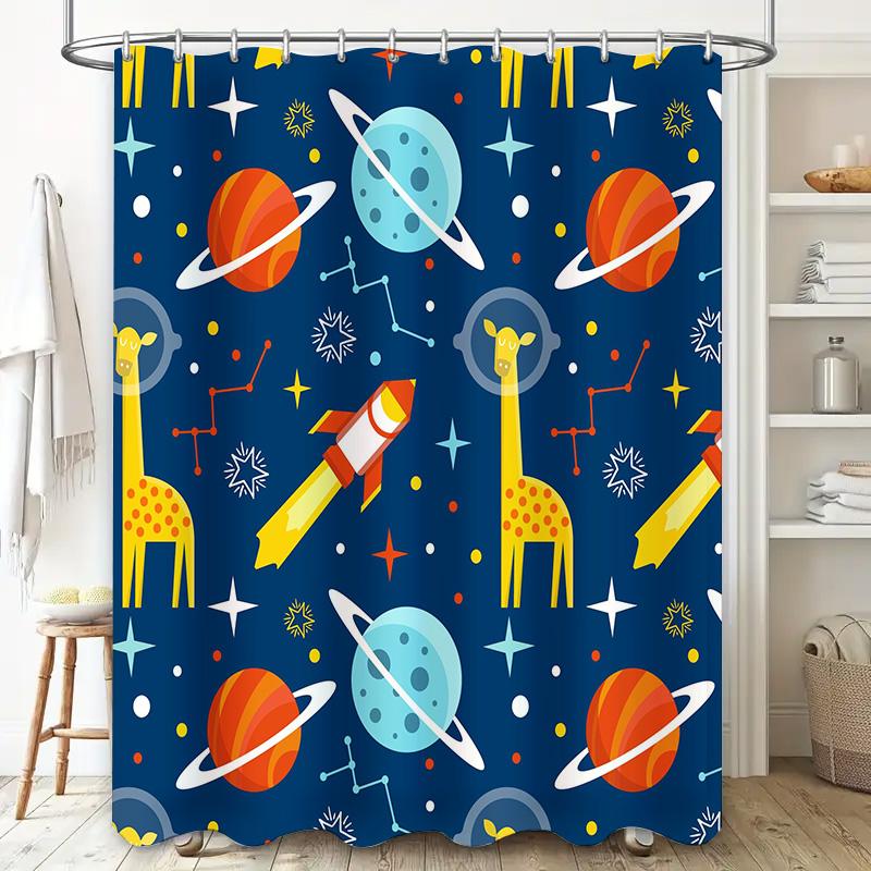 Blue Planet Space Shower Curtain Galaxy Print Bathroom Decor Set for Kids Bathrooms Cartoon Giraffe Rocket Solar System Design (
