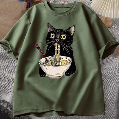 Summer Round Neck Cartoon Noodle Cat Pattern Printed Top Fashionable Casual Pure Cotton Short Sleeved Men's and Women's Unisex T-shirts
