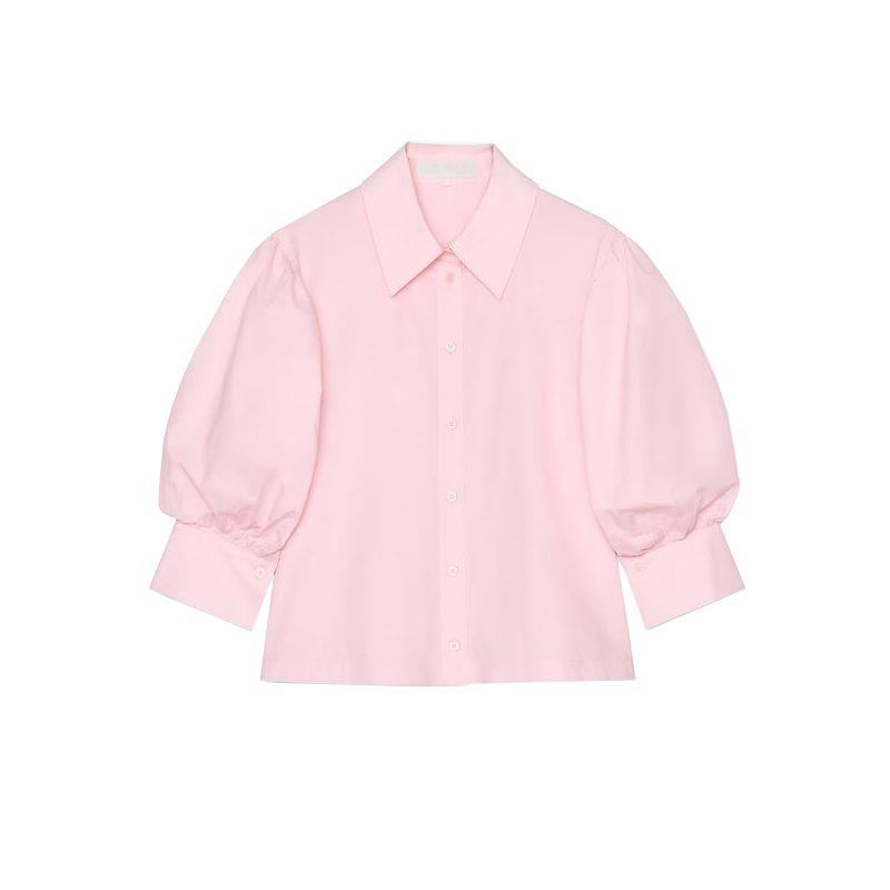 Summer New Product Women's Clothes Minimalist Style Cotton Blended Poplin Puffy Short Sleeve Lapel Shirt Tops 2731082