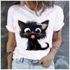 Unisex 100% Polyester Summer Top  little black cat sticking out its tongue Print Loose round Neck Short Sleeve Fashion for Lovers