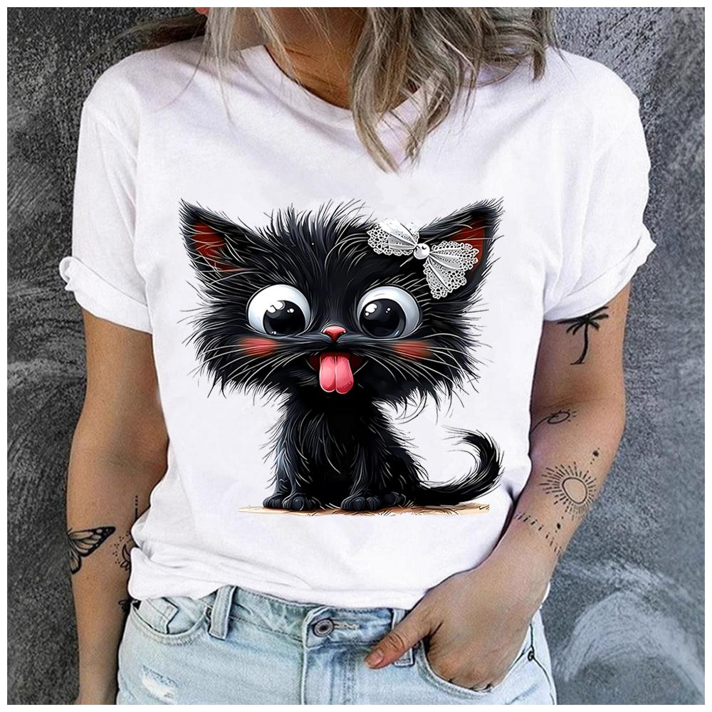 Unisex 100% Polyester Summer Top  little black cat sticking out its tongue Print Loose round Neck Short Sleeve Fashion for Lovers