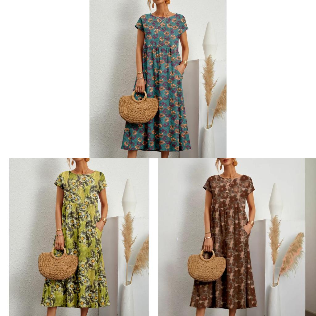 Cotton Linen Floral Print Summer Dress With Round Neck For Women