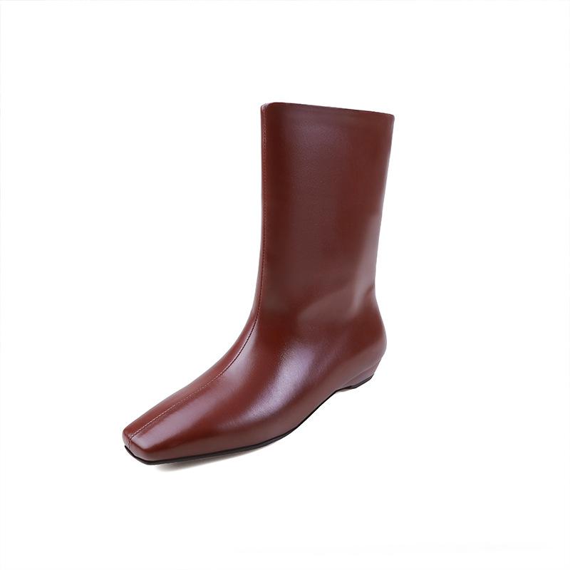 Korean version of fashionable simple sleeve temperament boots 2025 autumn and winter new square head low heel one pedal casual Chelsea boots