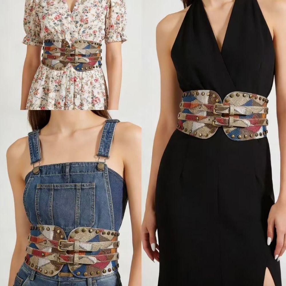 Spicy Girl Rivet Belt PU Leather Elastic Cummerbunds Vintage Wide Waistband  Ladies