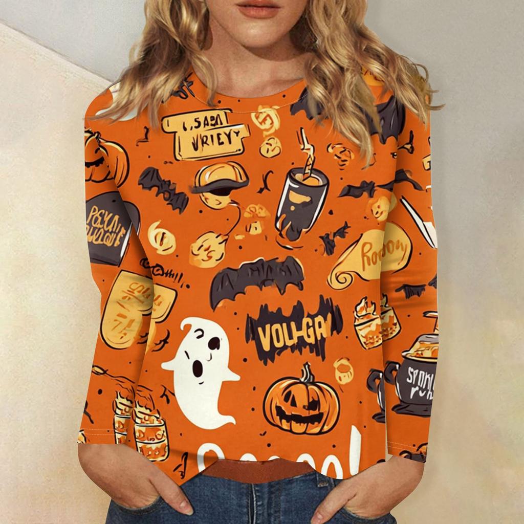Women's Fashion Casual Halloween Printed Round Neck Long Sleeve Pullover Top