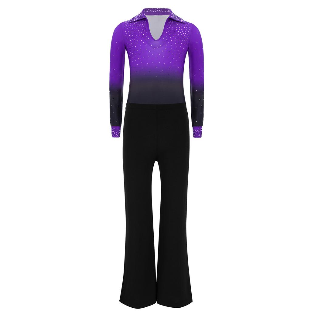 Conjunto de Leotard de Dança Brilhante com Strass, Gola Reversível, Manga Longa e Calça com Cós Elástico para Meninos