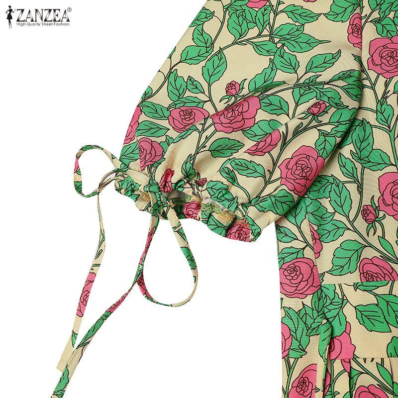 ZANZEA Women Square Collar Loose Casual Floral Print Short Sleeve Dress