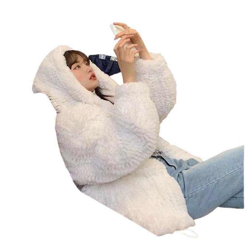 Lamb Wool Imitation Fur Coat Women's New Winter Cotton Thickened Lazy Wind Hooded Cardigan Sweater