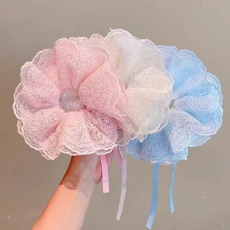 Kids French Lace Drawstring Scrunchies: Cute Hair Bows for Girls’ Bun Hairstyles, Soft Elastic Hair Ties for Toddlers’ Ponytails