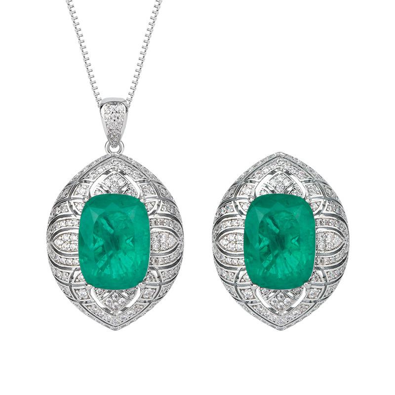 Jewelry Copper Bottom Gold-Plated Simulation Emerald Fat Rectangular Light Luxury Heavy Industry Set Pendant Ring 12 * 16