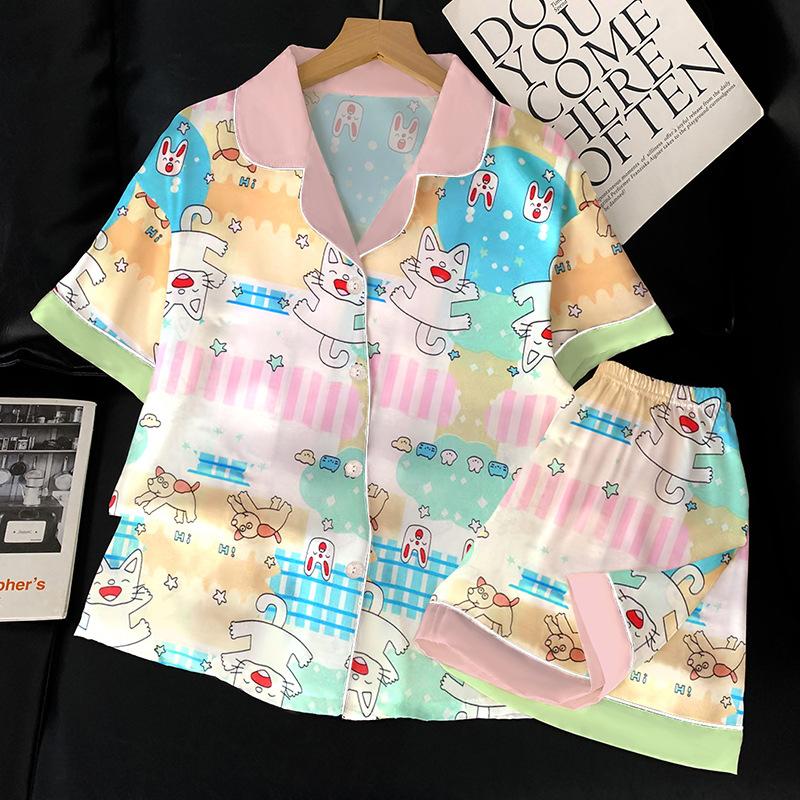 Girl Sweetheart Macaron Ice Silk Pajamas Women S Summer Short Sleeve Suit Lazy Style Loungewear M