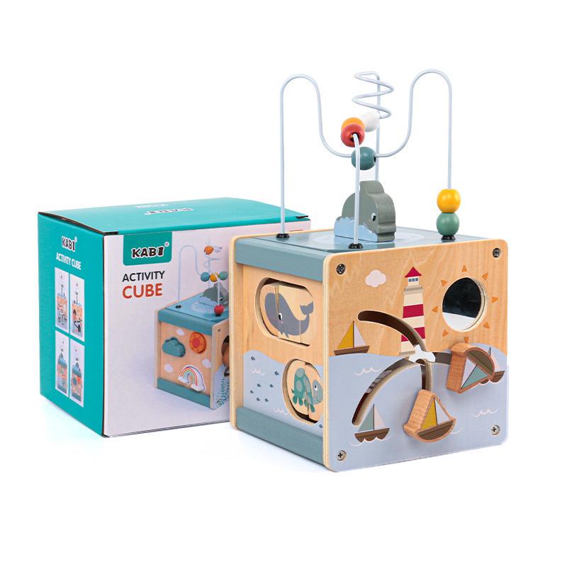 Wooden Ocean & Forest Educational Activity Cube for Children: Slide, Match, and Bead Maze Puzzle