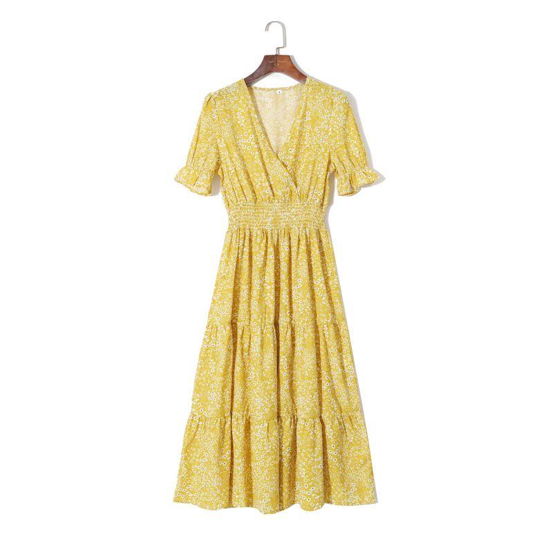 

2025 Women s Spring Clothing Fresh Floral Printed V-neck Pullover Puff Sleeves Elastic High Waist Slimming Youthful-Looking Dress Small yellow flower M