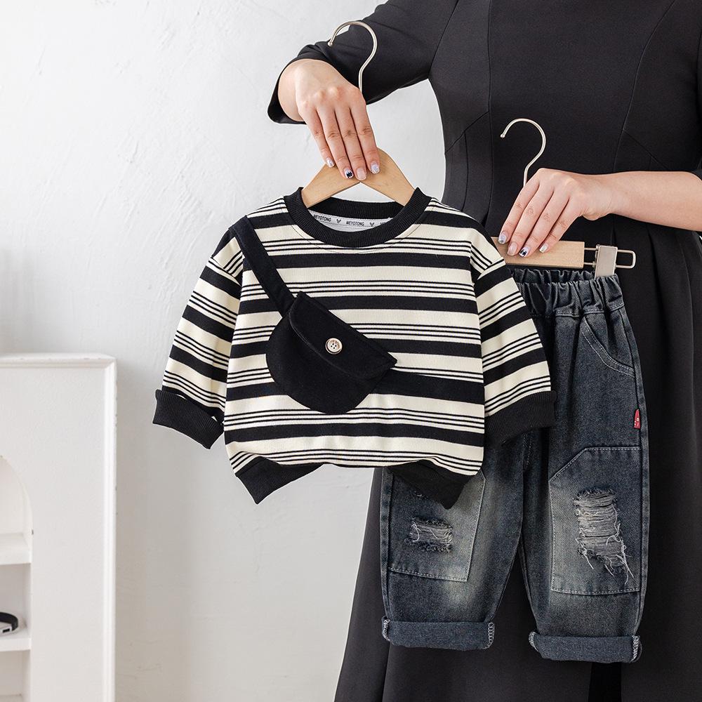 Boys' Toddler Spring & Autumn Striped Sweatshirt with Crossbody Bag Two-Piece Set, 2025