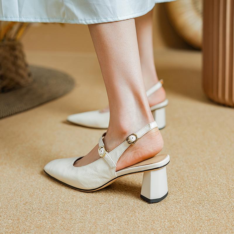 Summer Women Sandals Genuine Leather Shoes for Women Cover Toe Chunky Heel Shoes Square Toe Slingback Sandals Gladiator Shoes