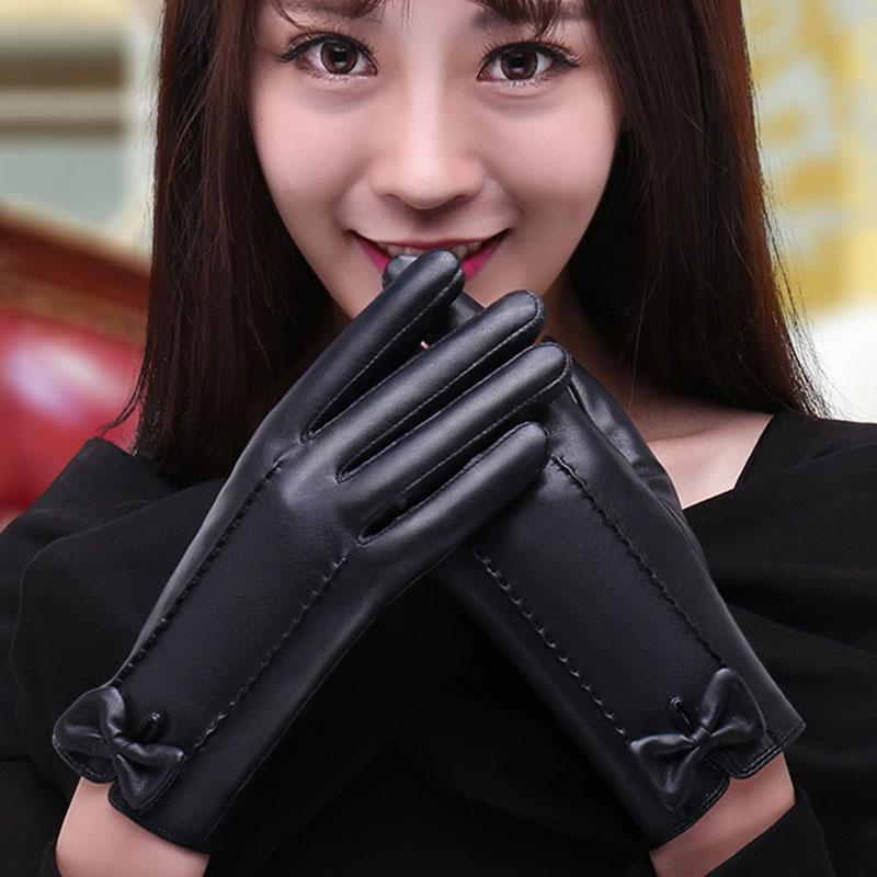 

Осенне-зимние перчатки для женщин, сенсорные, с бантом, на плюшевой подкладке, теплые, из ПУ кожи, ветрозащитные, из искусственной кожи, тонкий стиль One Size