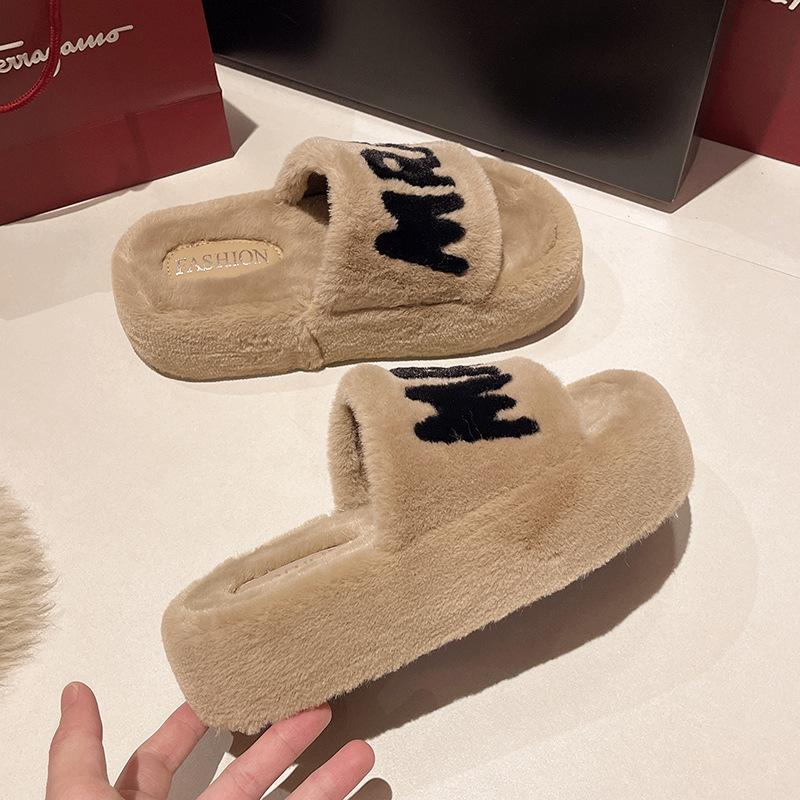 

High-end fluffy slippers for women s outer wear in the autumn of 2025, the new fluffy fashion versatile home one-word cotton mop 42 хаки