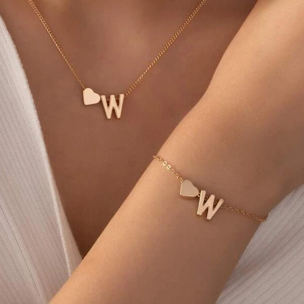 Retro Metal Heart 'M' Necklace & Bracelet Set for Women - European & American Letter Jewelry