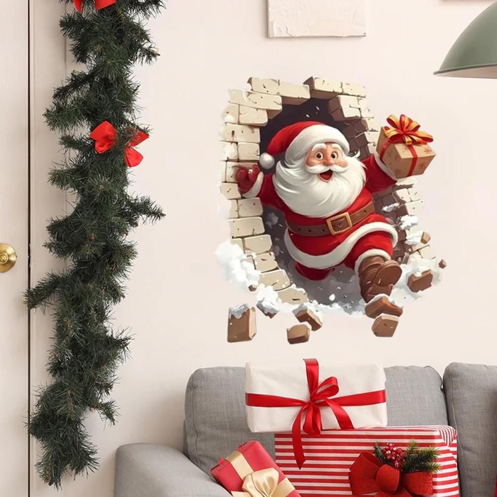 Santa  Breaking Through The Wall 3D Effect Wall Sticker, Christmas Sticker With Cartoon Design, New Creative Christmas Wall Sticker.