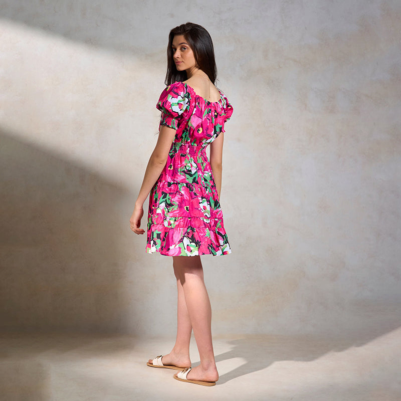 Virgio Women Knee Length Puff Sleeve Fit And Flare Fit Square Dress