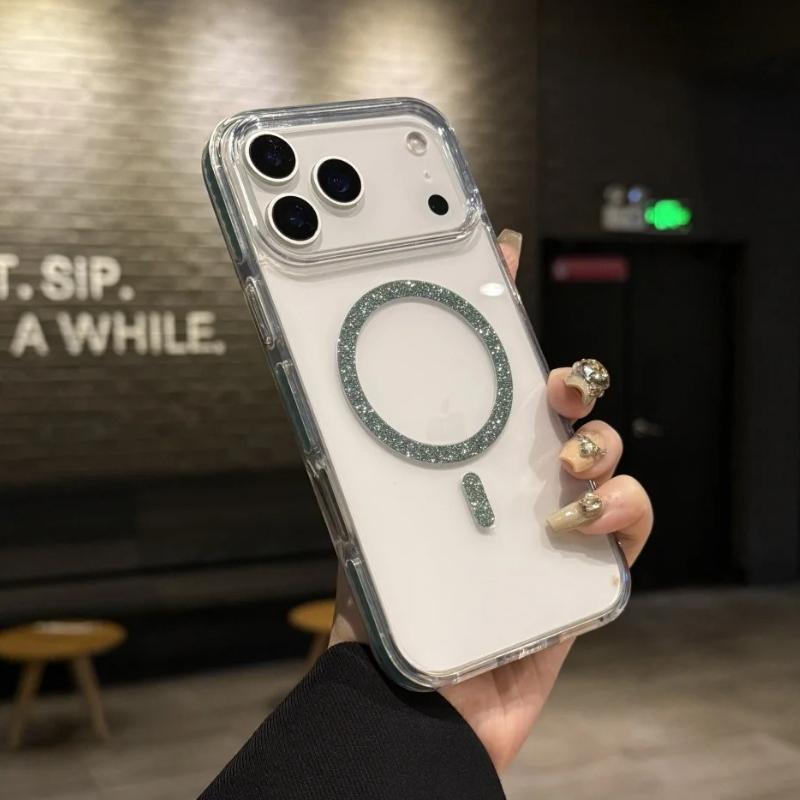 Transparent Glitter Magnetic Armor Case for iPhone 17 Air 16 15 14 Plus 13 12 11 Pro Max For Magsafe Original Shiny Bumper Cover