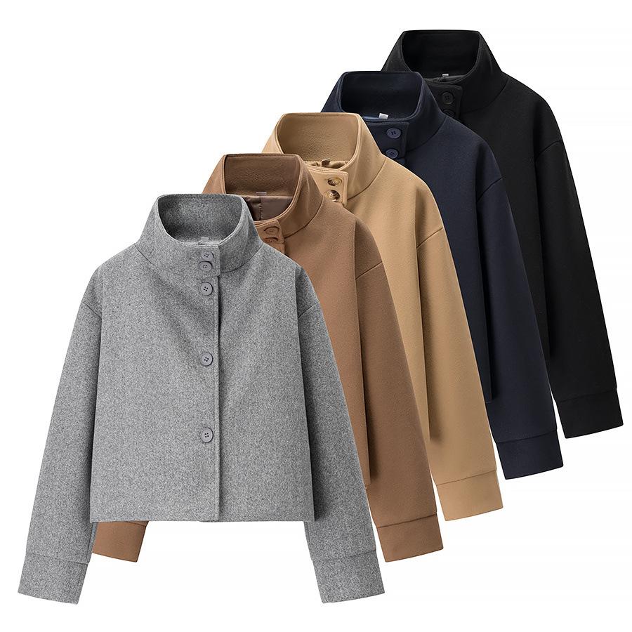 European and American style, new women's clothing, versatile, fashionable, foreign style stand-up collar breasted woolen coat