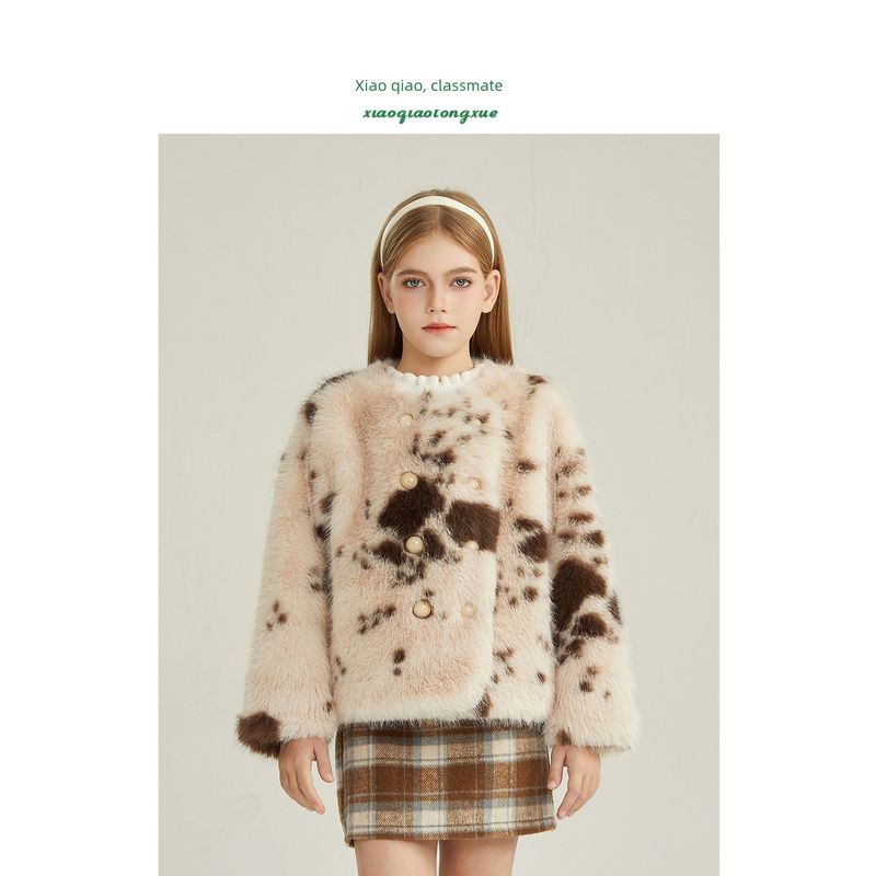 Children's Faux Fur Coat Winter New Style Girls' Faux Fox Fur Cardigan for Older Kids Cow Print Korean Style Faux Mink Fur Top