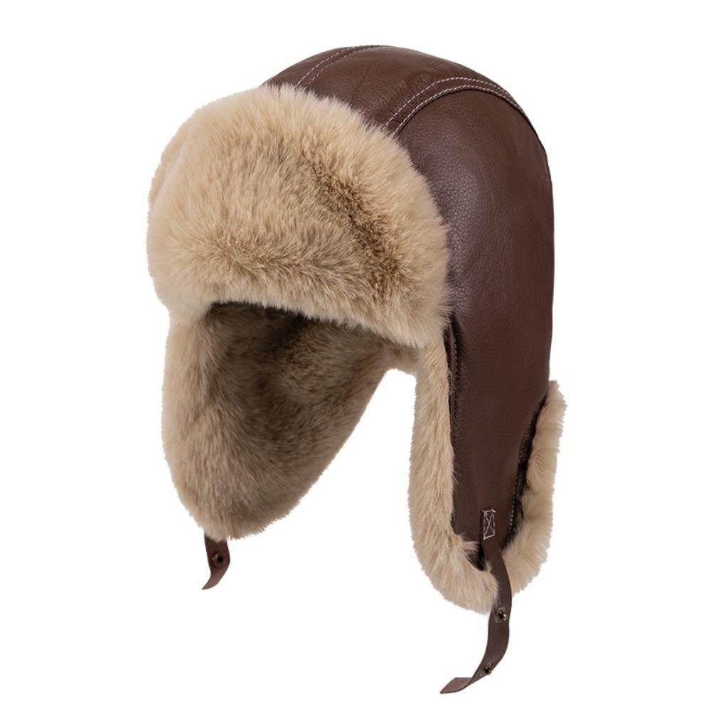 Windproof Warm Ski Hat Pu Leather Cycling Lei Feng Hat Casual Winter Pilot Hat  Skiing
