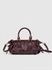 Rivet Oil Wax Leather Handbag, Fashionable Drawstring Bow, Single Shoulder Crossbody Bag, Pleated Women's Bag