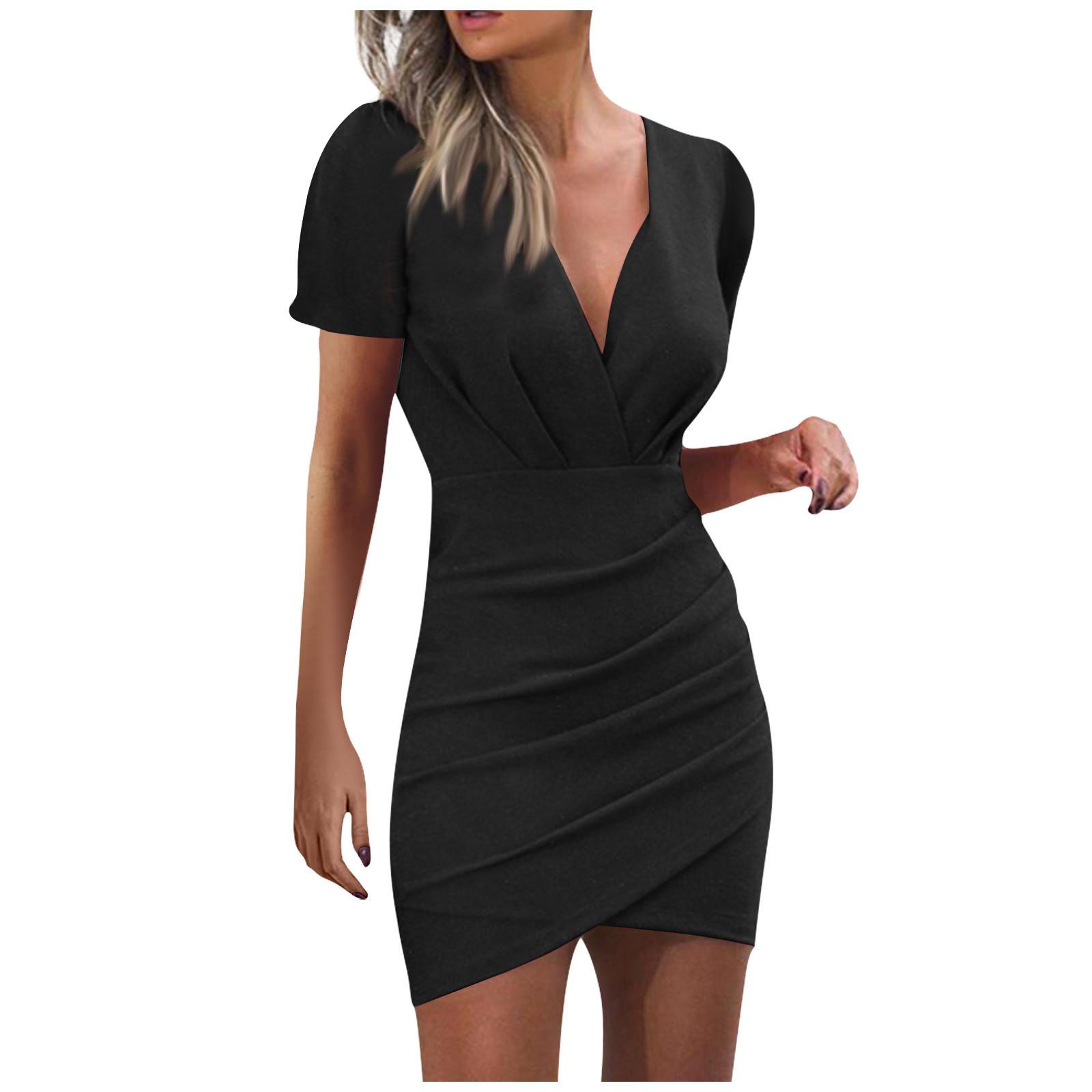 

Летняя женская однотонная туника с небольшим точечным воротником и короткими рукавами, праздничное повседневное облегающее вечернее платье в уличном стиле M чёрный