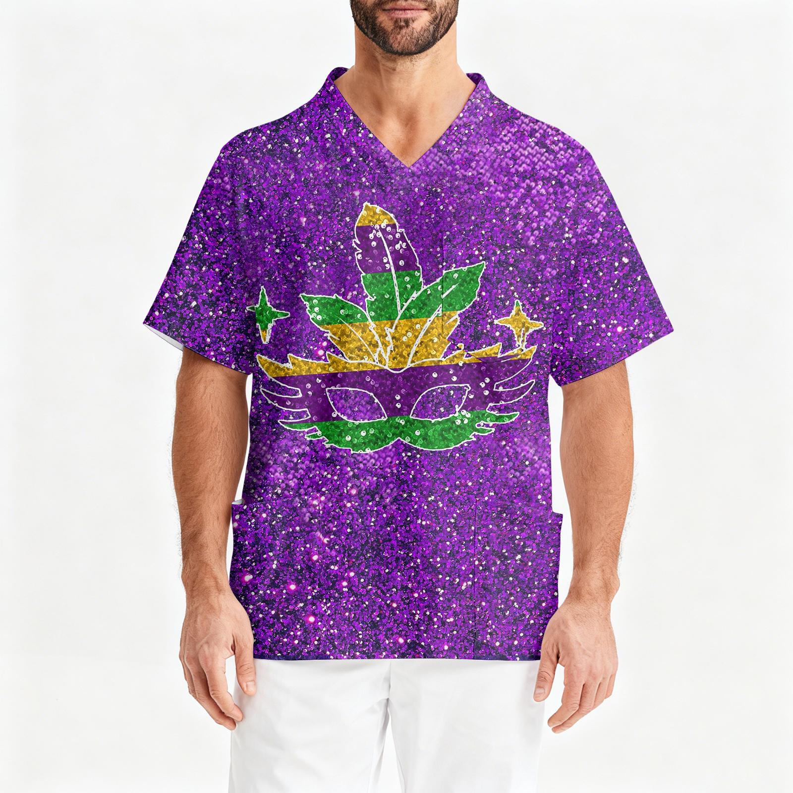 

Men s Printing Short Sleeve V-neck Working Blouse Chest Pocket Carer Top XXL фіолетовий