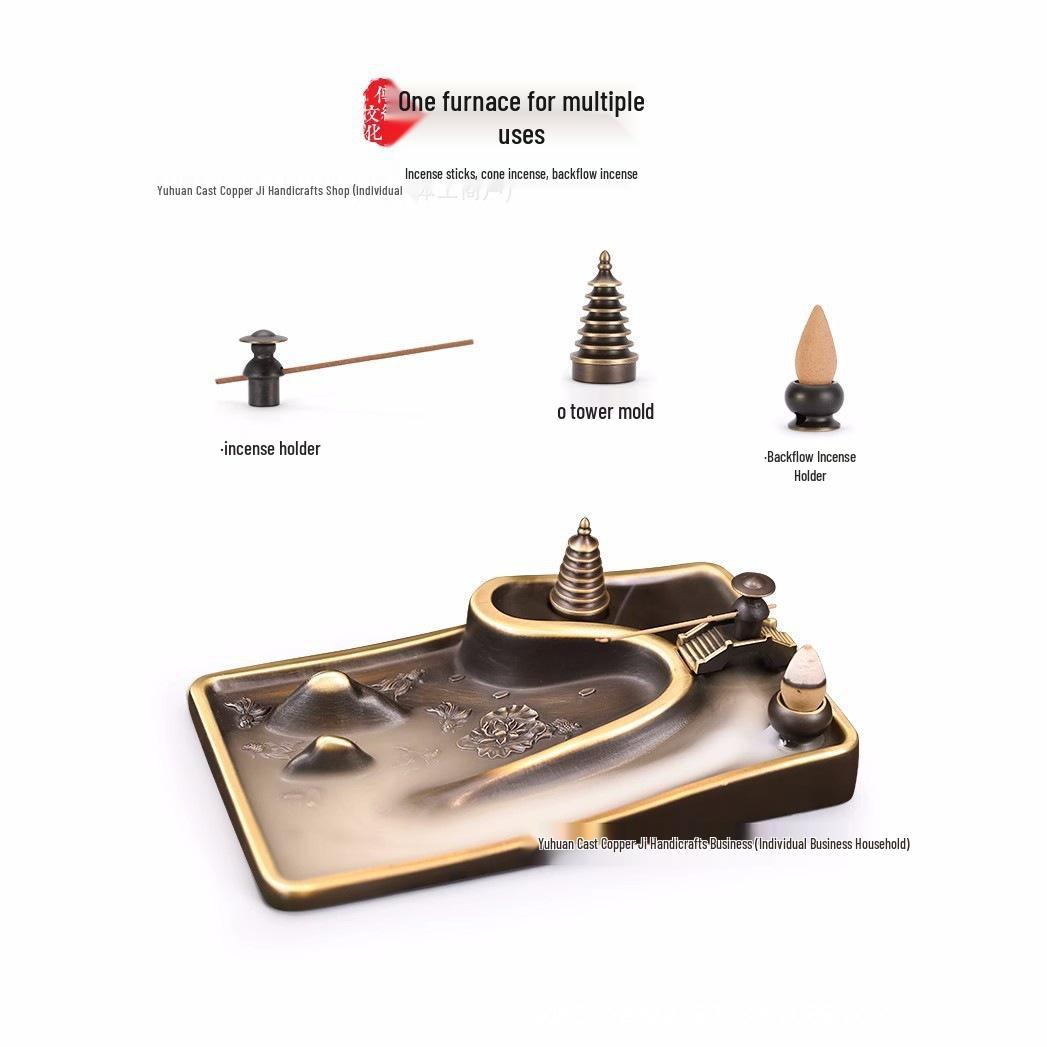 Brass Lotus Pond Backflow Incense Burner with Bridge and Moonlight Design for Indoor Use Small