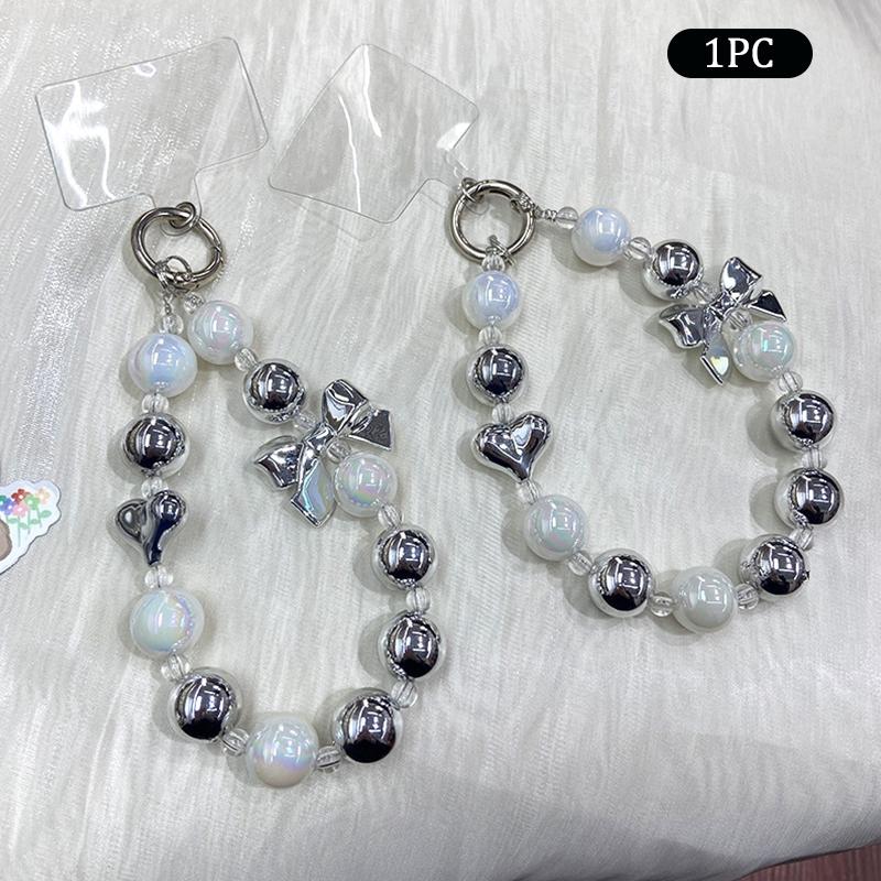 Y2K Silver Bow Beaded Phone Case Lanyard Stylish Bead Phone Chain Wrist Band Anti Lost Phone Strap Earphone Pendant Keychain