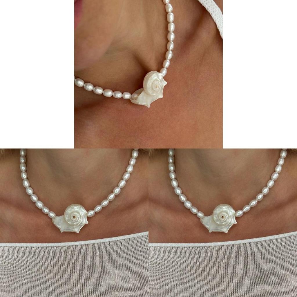 Vintage Pearl Necklace With Natural Shell Pendant For Summer Beach Casual Wear