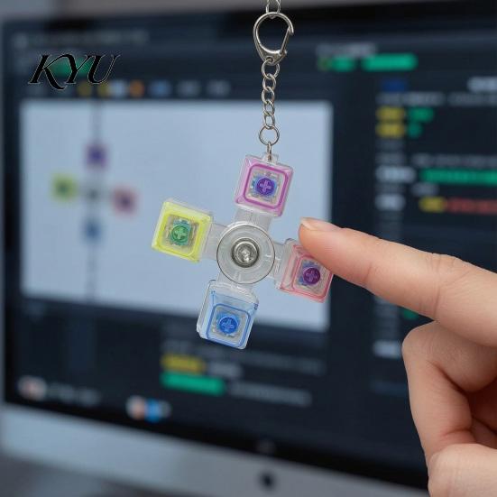 Glowing Fidget Spinner 4-Keys Keyboard Toy, LED Light-up with Office Desk Gadget Keychain, Stress Relief Push Button Finger Clicker Pendant Toy