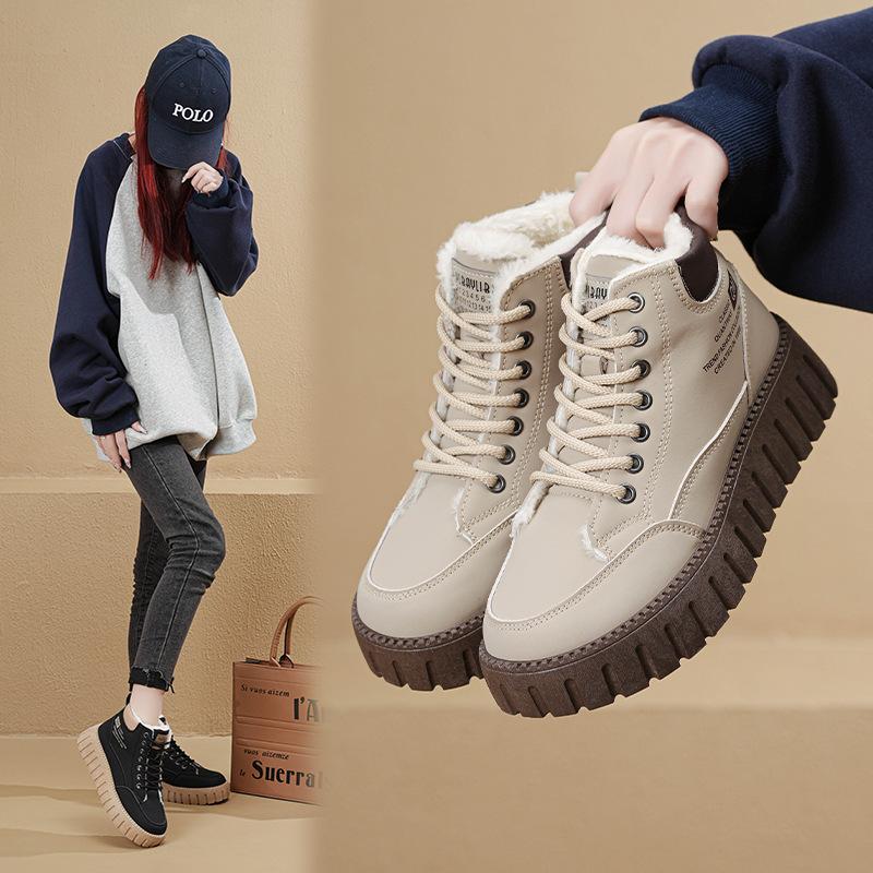 Winter All-match British Style Thick-Soled Inner Increase Women's Shoes Plus Velvet Short Boots