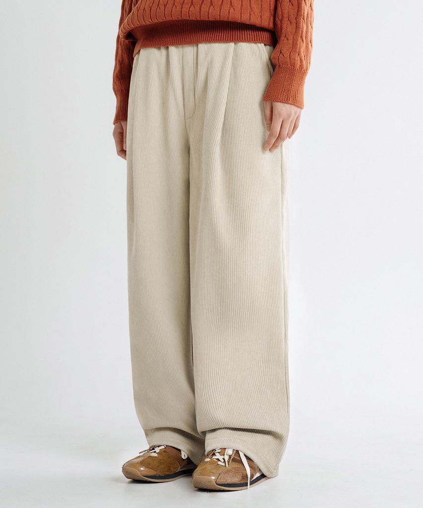 LEMAIN SECOND Single-Pleat Wide Corduroy Elastic Pants [Beige]