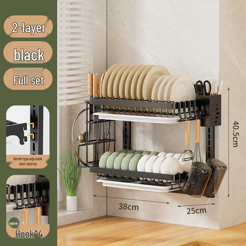 No-Punch Wall-Mounted Dish Drying Rack with Plate and Chopsticks Holder